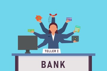 Multitasking bank teller - obrazy, fototapety, plakaty