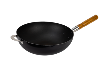 Cast iron pan with wooden handle isolated on white background with clipping path.
