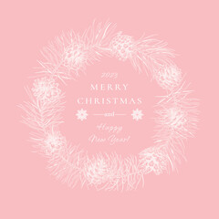Christmas holiday wreath with pine branches and cones.Vector illustration. Pink  and white background. Sketch.