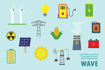 Electric energy sources icons set