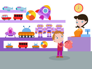 Children vector concept: Little son buying toys with money on his piggy bank while woman seller standing in the shop