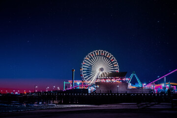The Santa Monica Pier at night, Los Angeles, California.