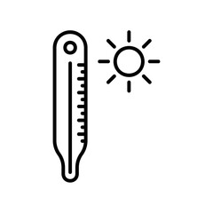 Summer thermometer icon with sun in black outline style