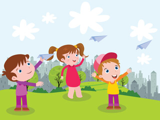 Children playing with paper planes outside