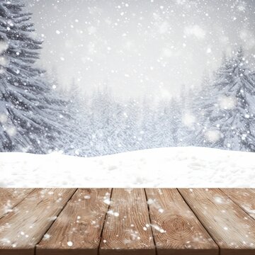 Wooden table with snow texture background for Christmas and winter holidays 