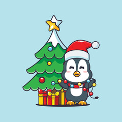 Cute penguin with christmast lamp. Cute christmas cartoon illustration. 
