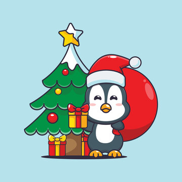 Cute penguin carrying christmas gift. Cute christmas cartoon illustration. 