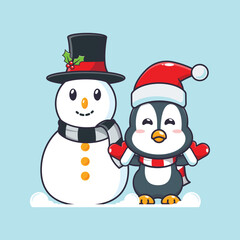 Cute penguin playing with Snowman. Cute christmas cartoon illustration.