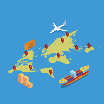 Export import shipment isometric vector concept with a ship, plane, and world map