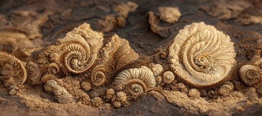 Abstract rock formations and curved dune layers with detailed sandstone surface ammonite fossil texture patterns - macro closeup background resource. © Everlasting Dreams