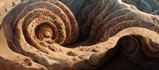 Abstract rock formations and curved dune layers with detailed sandstone surface ammonite fossil texture patterns - macro closeup background resource.