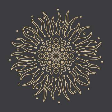 Abstract gold sun that looks like a sunflower vector illustration for tattoo, print design, decoration. Drawing in trendy minimal thin line style isolated on dark background. 