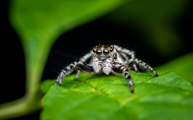 Close up a little Jumping Spider on green leaf, Colorful jumping spider.