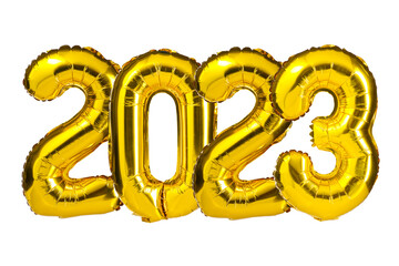 New Year 2023 celebration. Golden Yellow foil color balloons. 2023 balloons. Isolated white...
