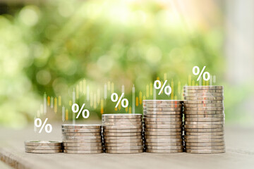 Percentage sign and step of coin stack with arrow rise. Business and financial growth, interest...