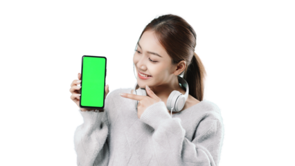 Happy young Asian woman in sweater clothe holds mobile phone with blank empty promo screen. People lifestyle concept. PNG file format transparent background.
