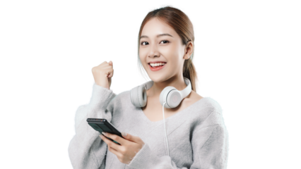 Happy young Asian woman in sweater clothe using mobile phone. People lifestyle concept. PNG file format transparent background.