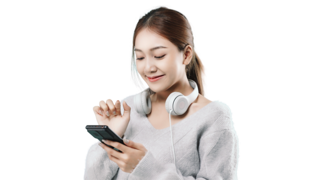 Happy young Asian woman in sweater clothe using mobile phone. People lifestyle concept. PNG file format transparent background.