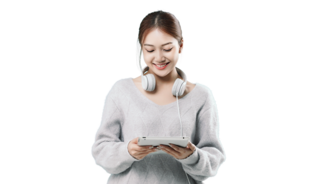 Happy young Asian woman in sweater clothe using digital tablet. People lifestyle concept. PNG file format transparent background.