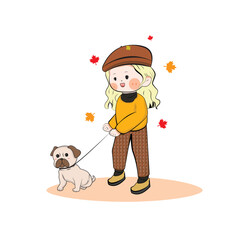 Cute and kawaii Girl wearing casual dress at autumn while walking dog. Manga Chibi Illustration.