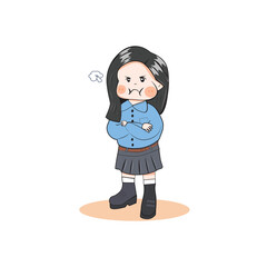 Cute and kawaii Girl wearing casual dress with angry expression. Manga Chibi Illustration isolated on white background.