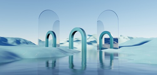 Surreal Beautiful Dream land background. Abstract Dune in winter season landscape with geometric arch. Fantasy island scenery with water and natural cloudy sky. Metallic mirror arch. 3d render.
