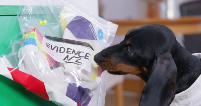 Dachshund puppy sniffs and licks the zip-bag containing the sock, side view. Bloodhound examines a plastic bag of evidence during a detective investigation.