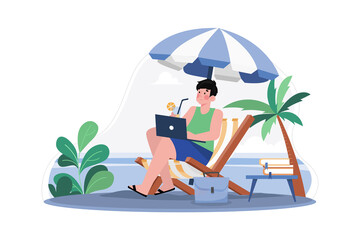 Freelancer Working On The Beach Illustration concept on white background