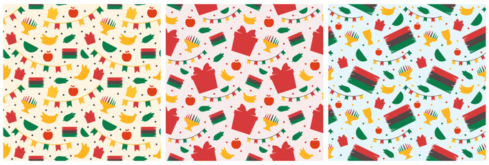 Set of Happy Kwanzaa Holiday African Seamless Pattern Design with Festival Style Element on Template Hand Drawn Cartoon Flat Illustration