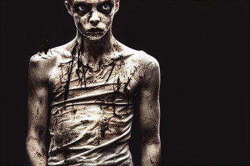 Fototapeta na wymiar Young man zombie rotting flesh blood gore