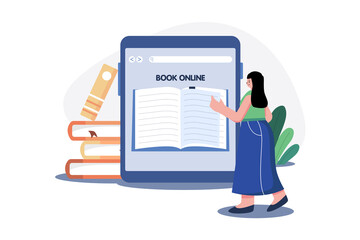 Online Book Reading Illustration concept on white background