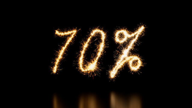 70% Caption written in Sparkler Firework Text. Gold and Black Promo Banner.