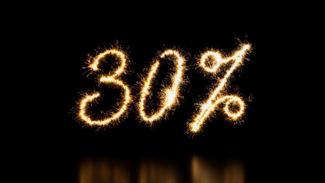 Gold Sparkler Firework Text with 30% Caption on Black. Promo Banner.