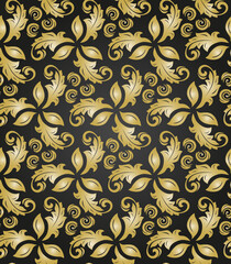 Floral ornament. Seamless abstract classic background with lives. Pattern with golden elements. Ornament for fabric, wallpaper and packaging
