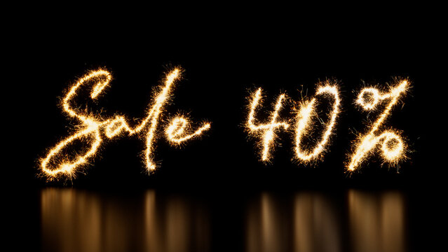 Sale 40% Caption written in Sparkler Firework Text. Gold and Black Promo Banner.