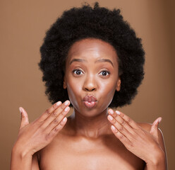 Black woman, beauty and skincare, pout and lips botox and aesthetic cosmetics on studio background....