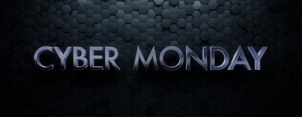 Hexagon Tile Background with Chrome Cyber Monday Words. Luxury 3D Promotional Banner with copy-space.