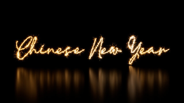 Gold Sparkler Firework Text with Chinese New Year Caption on Black. Holiday Banner with copy space.