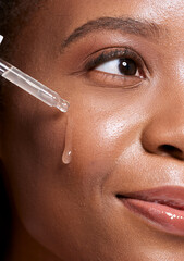 Black woman, dropper and facial skincare cosmetics for beauty, hydration or oil treatment for...