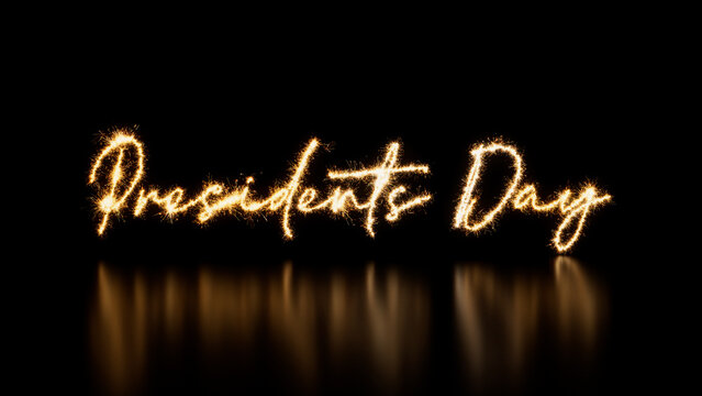 Gold Sparkler Firework Text with Presidents Day Caption on Black. Holiday Banner with copy space.