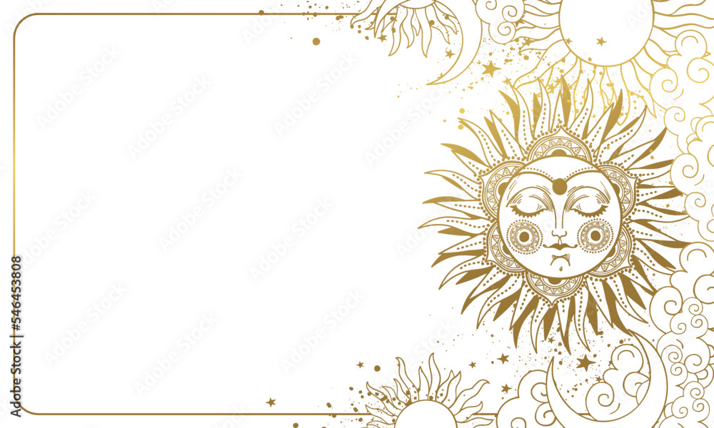 Wall mural magical astrological boho banner with copy space. golden sun with a rich ornament on a white backgro