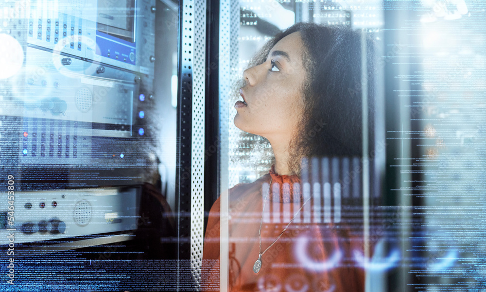 Poster Technology, information technology and black woman check server for error, internet connection and network. Future, cyber security and it technician work on computer database, coding and motherboard