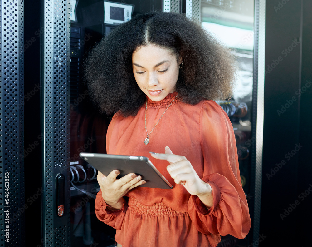Aufkleber Information technology, programming and black woman with tablet in hand to check server. Technology, coding and female programmer doing analytics test on motherboard, cybersecurity and online network