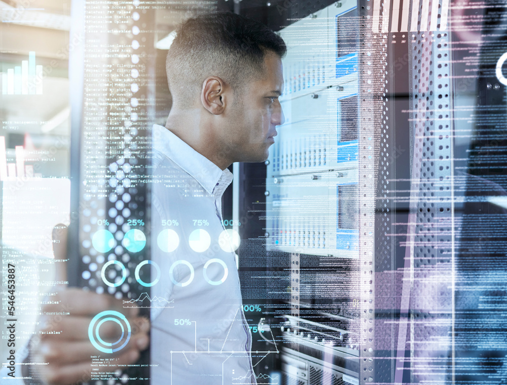 Fototapete Programming, database and digital with a man coder working in a server room for it support or mainframe maintenance. Cyber security, engineering and code with a programmer at work in a data center
