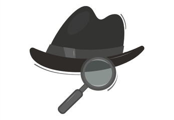 Vector illustration of emoticon of private detective hat and magnifying glass. Stylish headwear for a gentleman or a detective and a lens. Retro accessories. Vector isolated in flat style. Vintage.