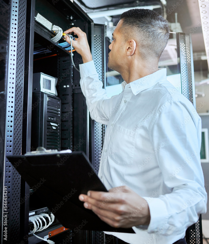 Poster Information technology, server and man engineer with clipboard working, fixing and checking motherboard. Programming, cyber network and IT technician with wires in data center for 404 glitch or error