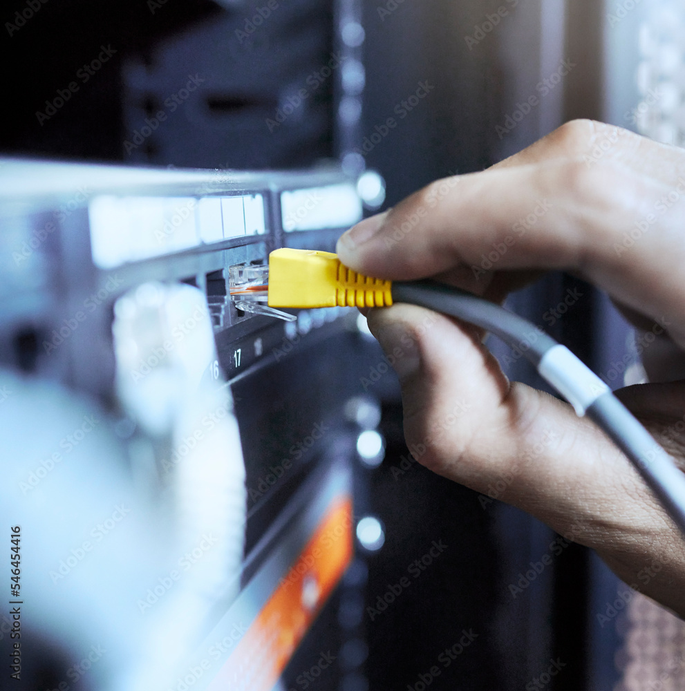 Poster Server, information technology and closeup of computer cable for database transmission by engineer hand. Programming, coding and IT technician person work with equipment and connecting internet wires