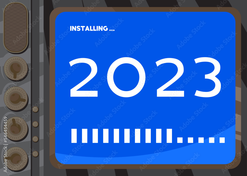 Poster Cartoon Computer With the number 2023. Message of a screen displaying an installation window.