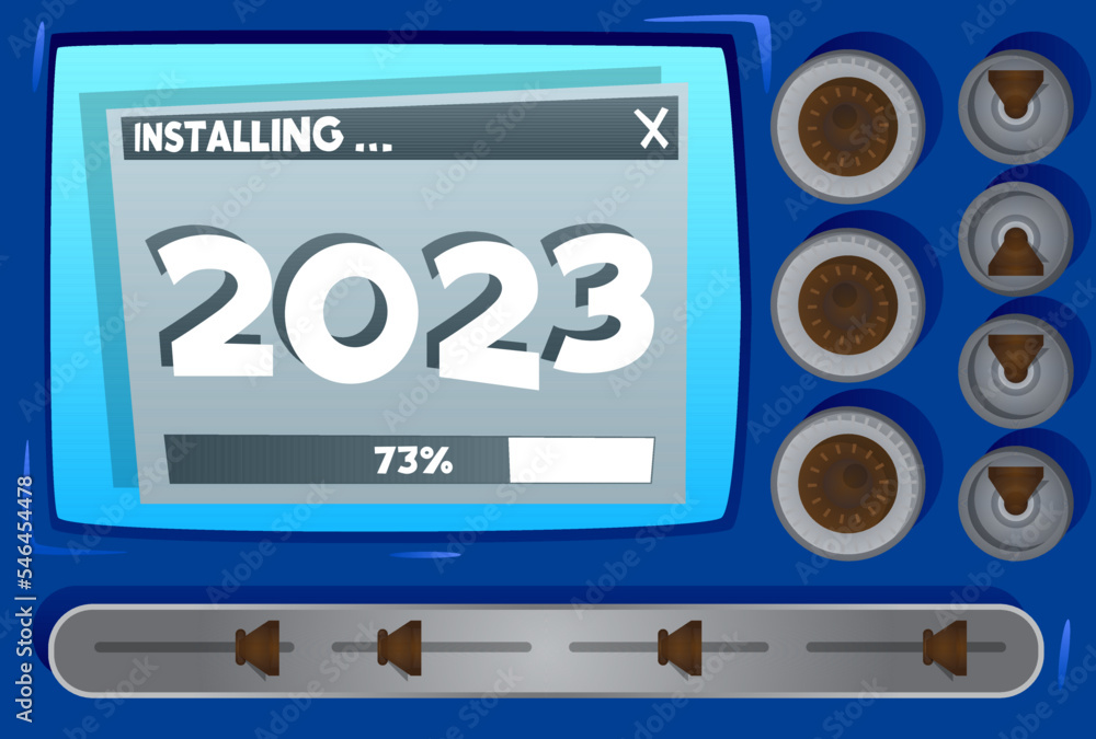 Poster Cartoon Computer With the number 2023. Message of a screen displaying an installation window.