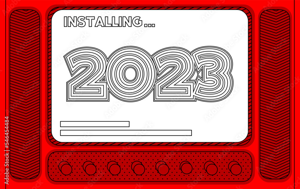 Poster Cartoon Computer With the number 2023. Message of a screen displaying an installation window.